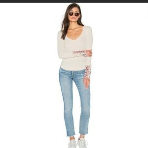 Free People Embroidered Art School V neck Thermal Henley Long Sleeve sz XS